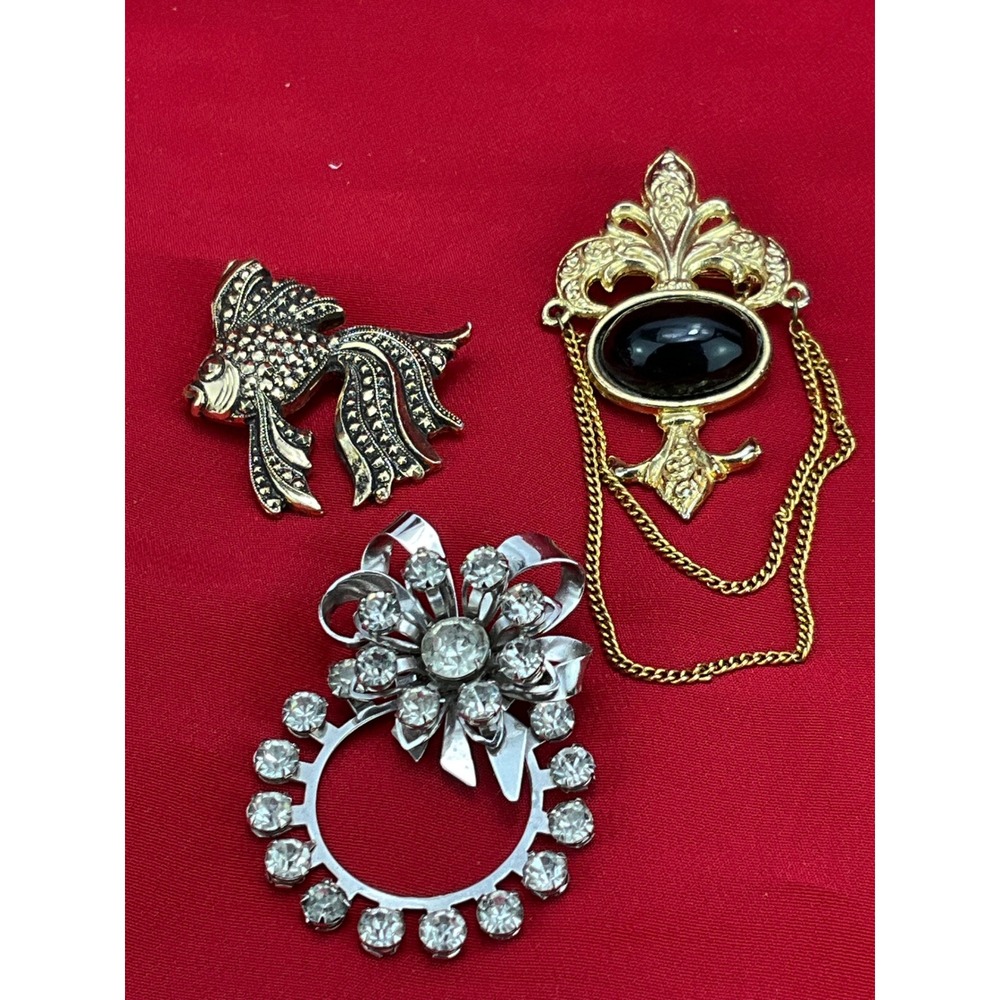 Vintage Bergere Fleur de Lis Brooch Set Gold Silver Tone Rhinestone Fish 3pc
